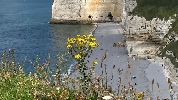 A coastal cliff with a beach in the foreground, featuring a clear sky and calm sea.
