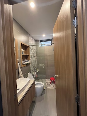 Shower, hair dryer, towels, soap