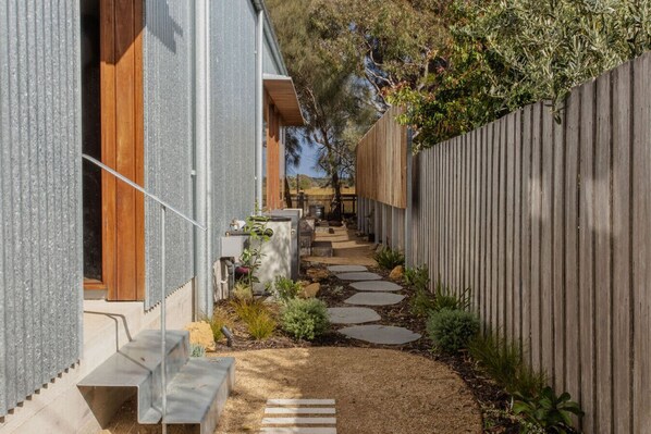 A narrow pathway leading to a wooden door, flanked by a metal fence and a wooden fence.