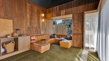 Smart TV, fireplace, books, offices