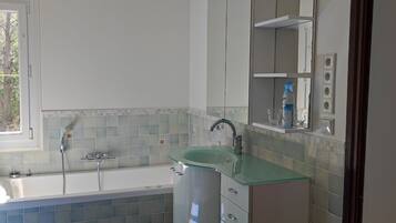 Shower, hair dryer, towels, toilet paper