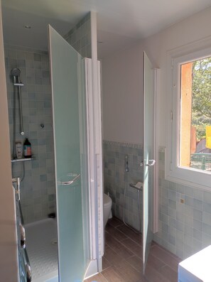 Regadera, secadora de cabello, toallas, papel de baño