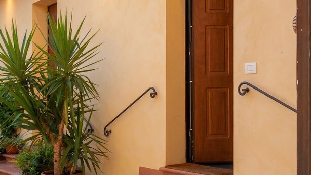 A building entrance with a wooden door, a set of steps, and potted plants.