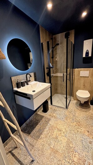 Shower, hair dryer, towels, soap