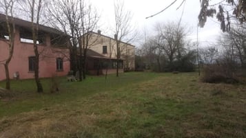Un edificio con fachada rosa, un patio con césped y árboles sin hojas.