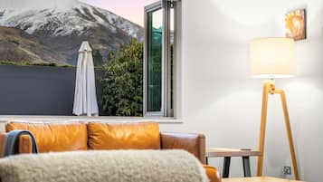 Smart TV, fireplace, books, stereo