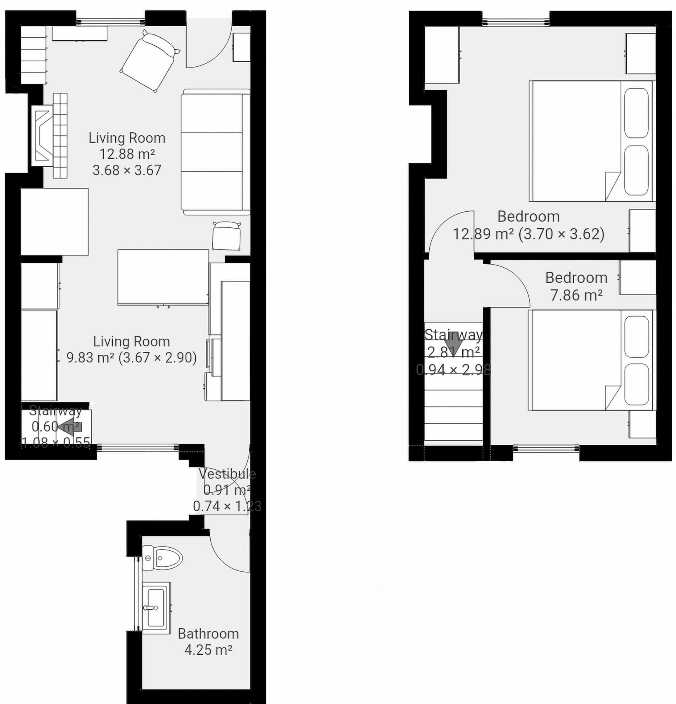 Un plan d’étage d’une chambre d’hôtel comprenant deux salons, deux chambres, une salle de bain et un vestibule.