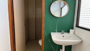 A bathroom with a green wall, a white sink, a mirror, and a toilet.