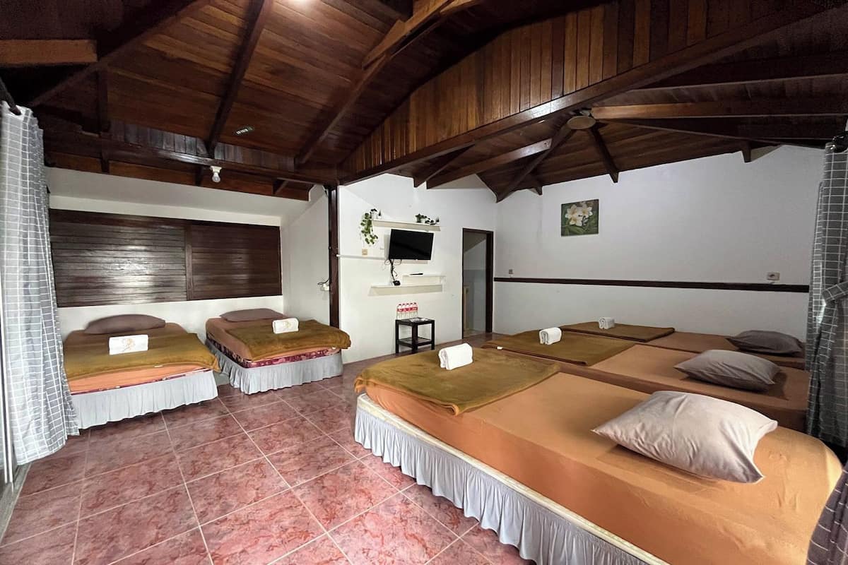 Una habitación con tres camas, vigas de madera en el techo, un televisor de pantalla plana y una pequeña mesa con una planta.