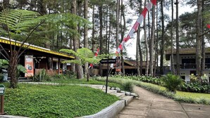 A pathway leading to a building with a 'Front Office' sign, surrounded by lush greenery and trees. - Santa Monica Resort (Caringin)