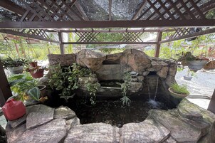 A rock garden with a water feature, surrounded by potted plants and a wooden pergola.