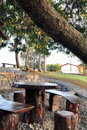 Un espace extérieur rustique, aménagé avec des bancs fabriqués à partir de troncs d’arbres, entouré d’un mur de pierres et bordé d’un chemin pavé.