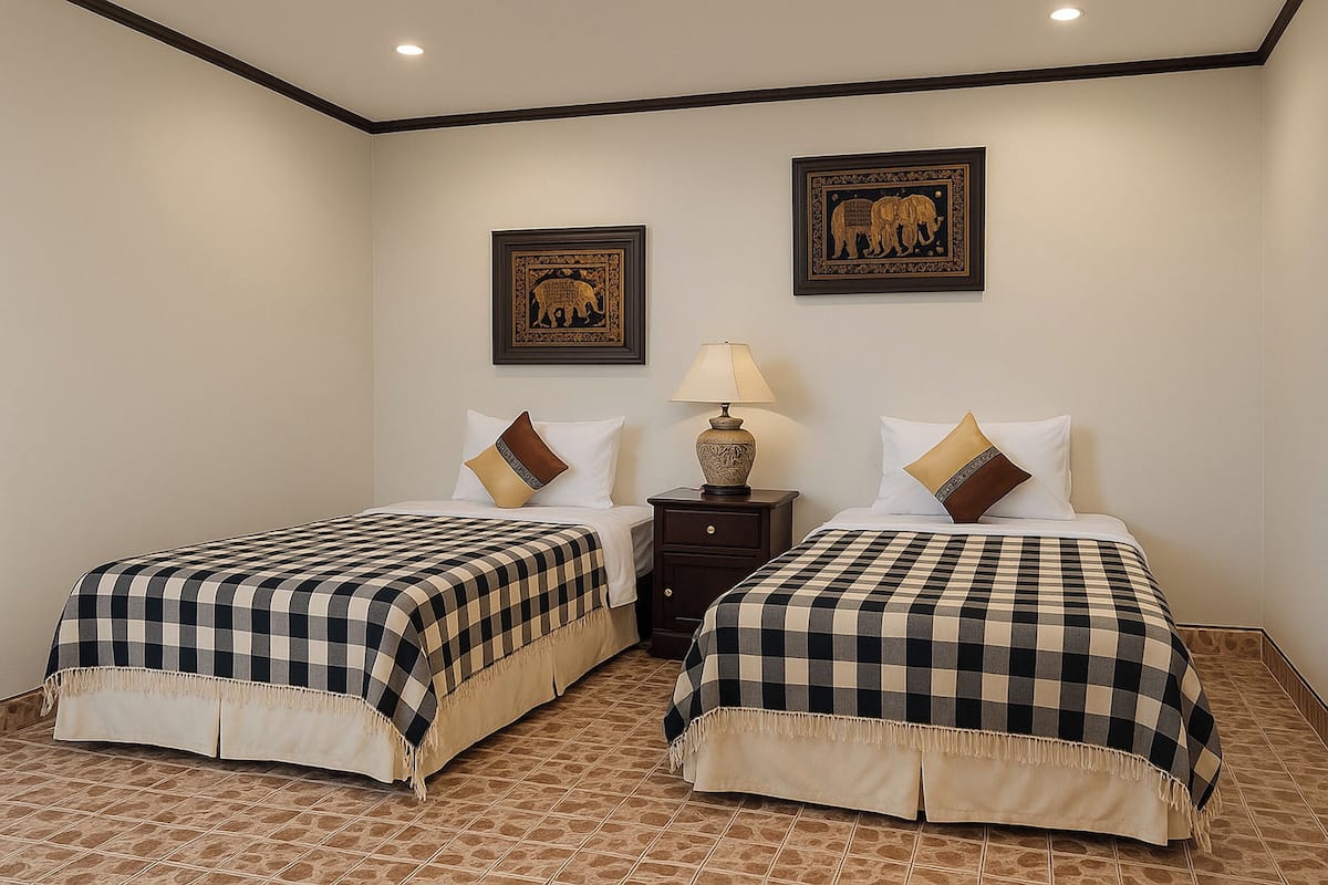 Une chambre d’hôtel avec deux lits, une table de chevet avec une lampe et deux tableaux encadrés au mur.