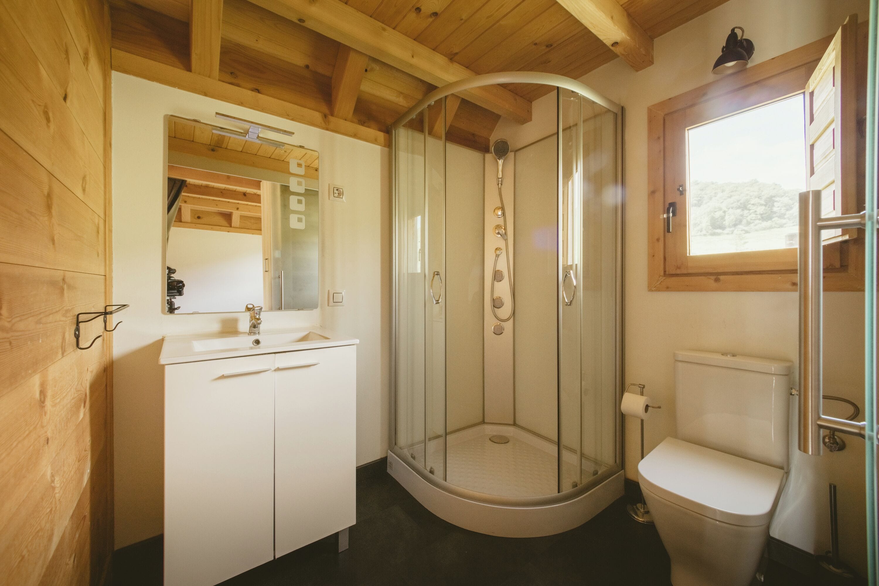 Un baño de cabaña de madera con cerramiento de ducha de vidrio, un lavamanos blanco y un inodoro.