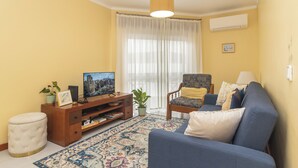A living room with a sofa, a TV, a wooden cabinet, a potted plant, and a patterned rug.