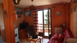 A cozy cabin with wooden walls, a dining table, a chair, a sofa, a television, and a sliding glass door leading to an outdoor deck.