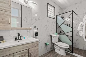 Shower, hair dryer, towels