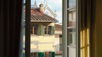 A view through a window of a building with a tiled roof, green shutters, and a star-shaped window.