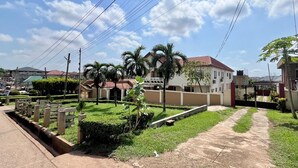 A residential area with a paved pathway, palm trees, and houses with red roofs.