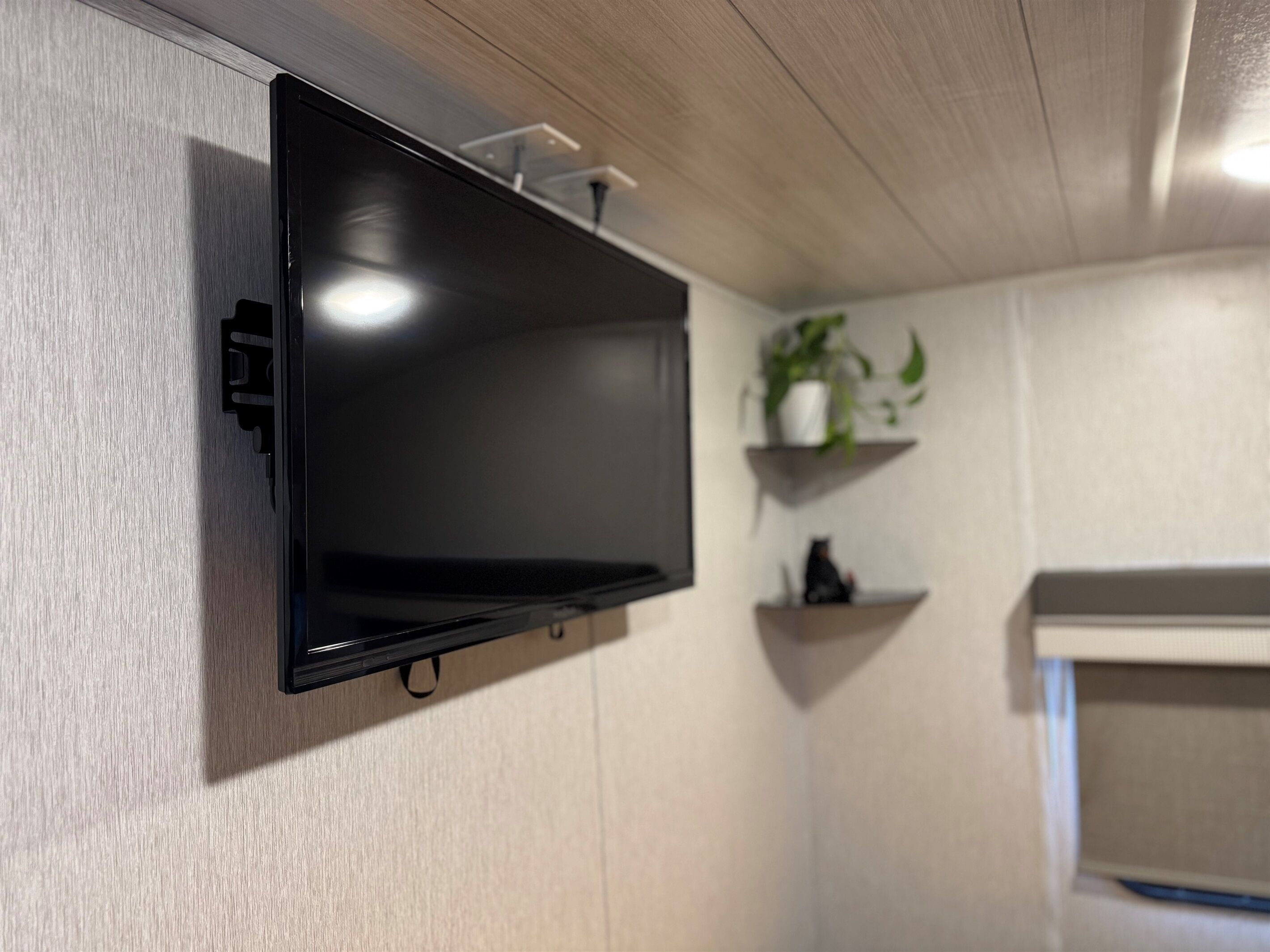 Een flatscreen televisie bevestigd aan een muur, met een houten plafond en een potplant op een plank.