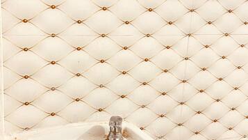 Shower, rainfall showerhead, towels, soap