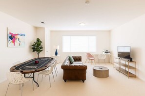 TV, fireplace, video games, stereo