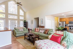 Téléviseur, foyer, lecteur de DVD, livres