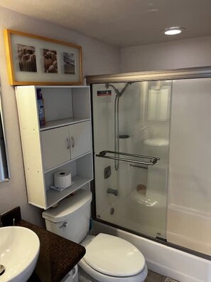 A bathroom with a glass-enclosed shower, a toilet, and a sink.