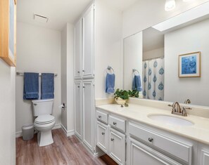 A bathroom with a toilet, sink, and mirror. - Spacious Single-story Condo With Golf Course Views (Palm Springs)