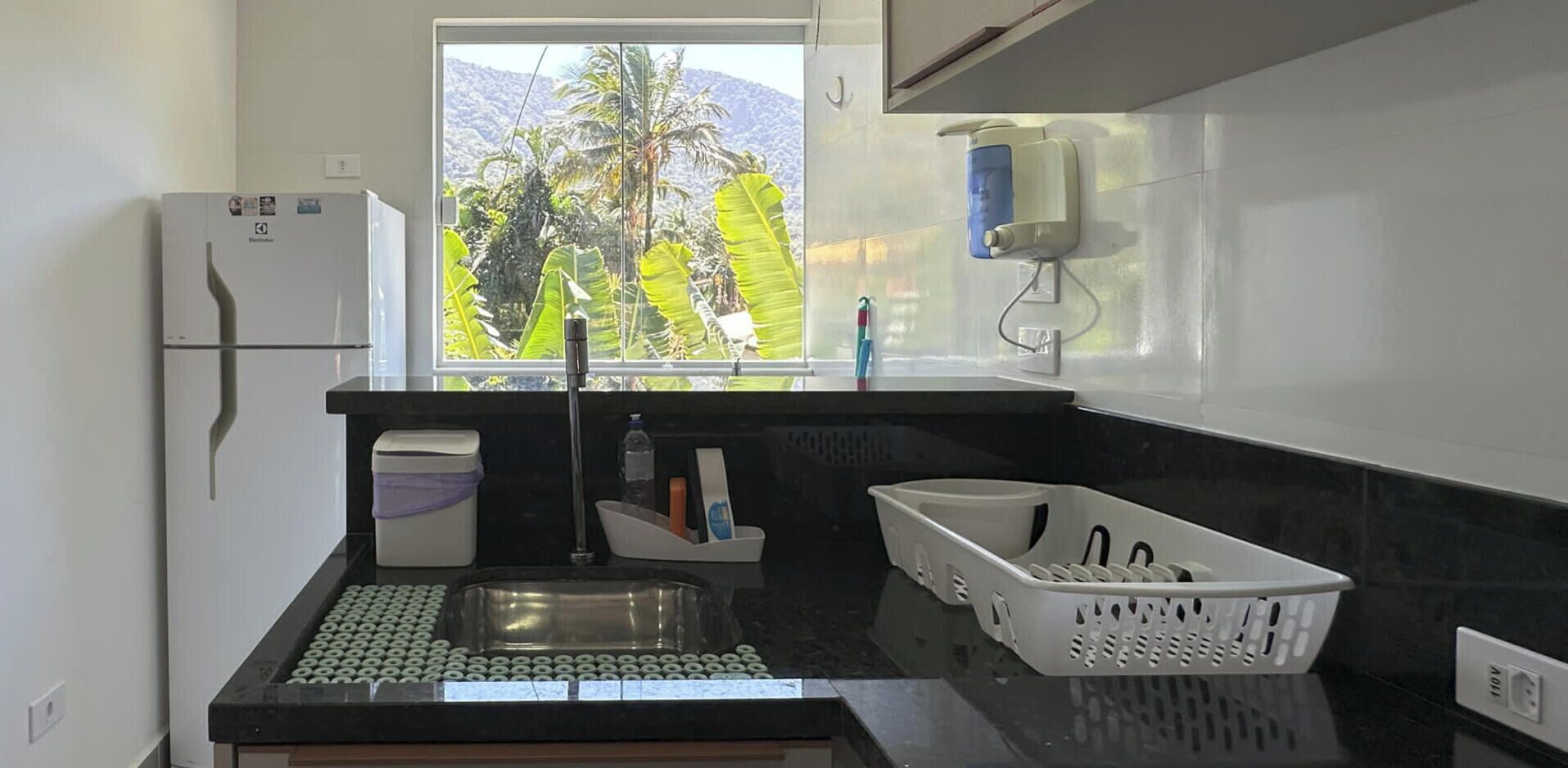 Een keuken met een spoelbak, een koelkast, een raam met uitzicht op bergen en groen, en een handdesinfecterend middel.