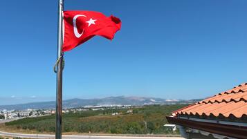 A flagpole with a red flag featuring a white star and crescent, set against a clear blue sky.