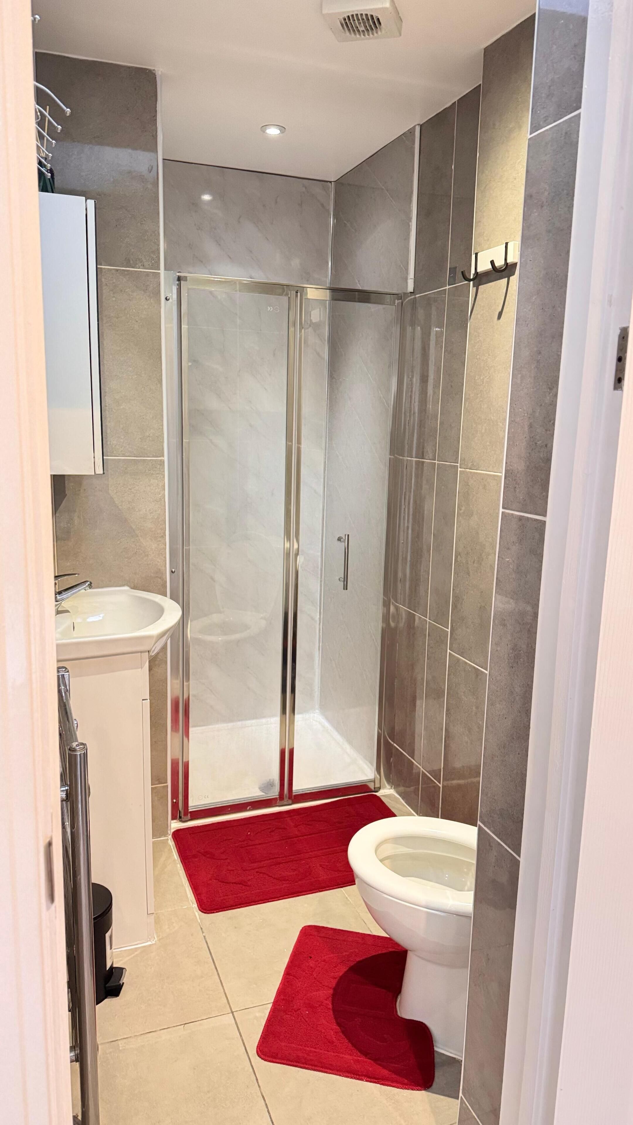 A bathroom with a glass shower enclosure, a sink, and a toilet.