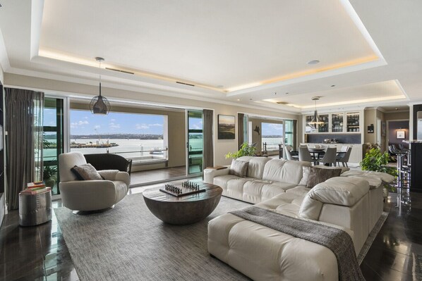 Smart TV, fireplace, books, printers