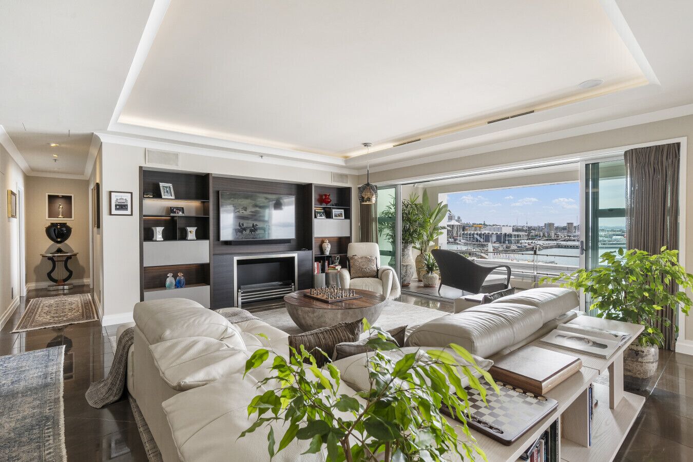 Smart TV, fireplace, books, printers