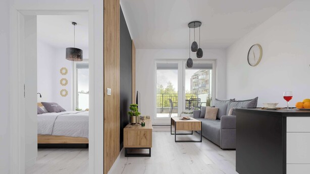 Ein modernes Wohnzimmer mit Bett, Sofa, Couchtisch und einer kleinen Küchenzeile.