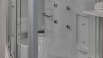Dusche, Haartrockner, Handtücher, Shampoo