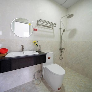 Hair dryer, towels, soap, toilet paper