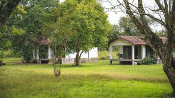 Un espace extérieur paisible, agrémenté de deux petits bâtiments de plain-pied aux toits recouverts de tuiles rouges, le tout entouré d’une végétation luxuriante et d’arbres.