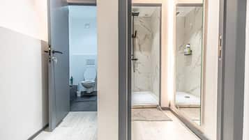 Chuveiro, secador de cabelo, toalhas de banho, sabonete