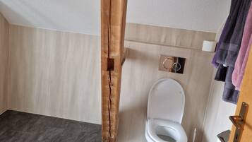 Chuveiro, secador de cabelo, toalhas de banho, papel higiênico
