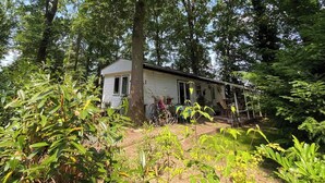 Une petite maison de plain-pied, entourée d’une végétation luxuriante et d’arbres.