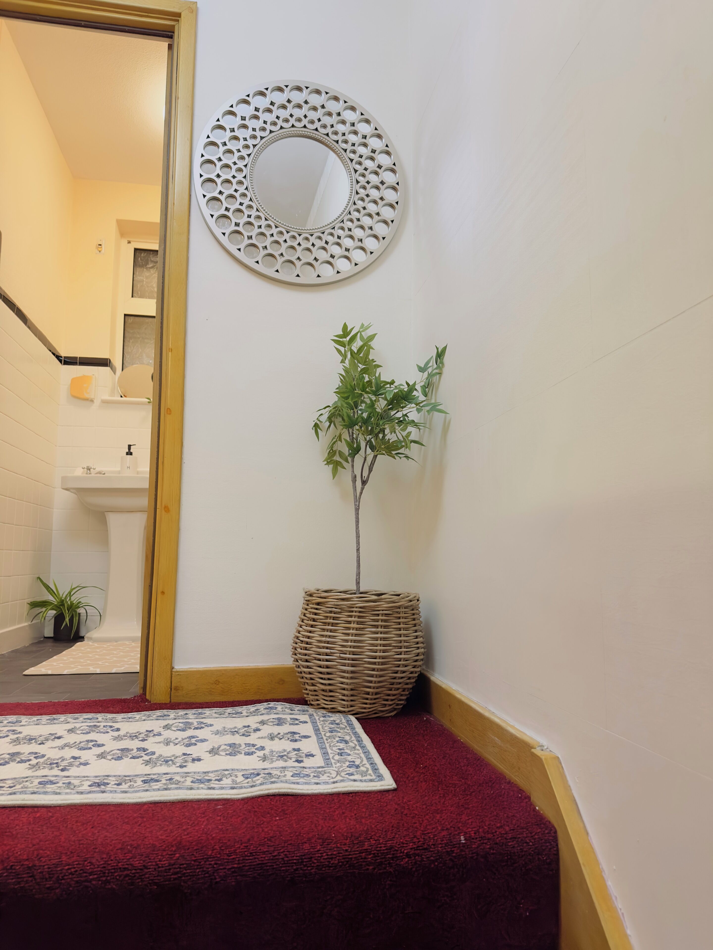 A hallway with a red carpet, a wicker plant in a pot, a decorative mirror, and a small potted plant.