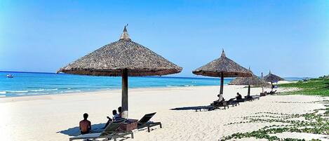Private beach, white sand, free beach shuttle, sun-loungers