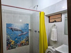Douche, serviettes fournies, savon, papier toilette