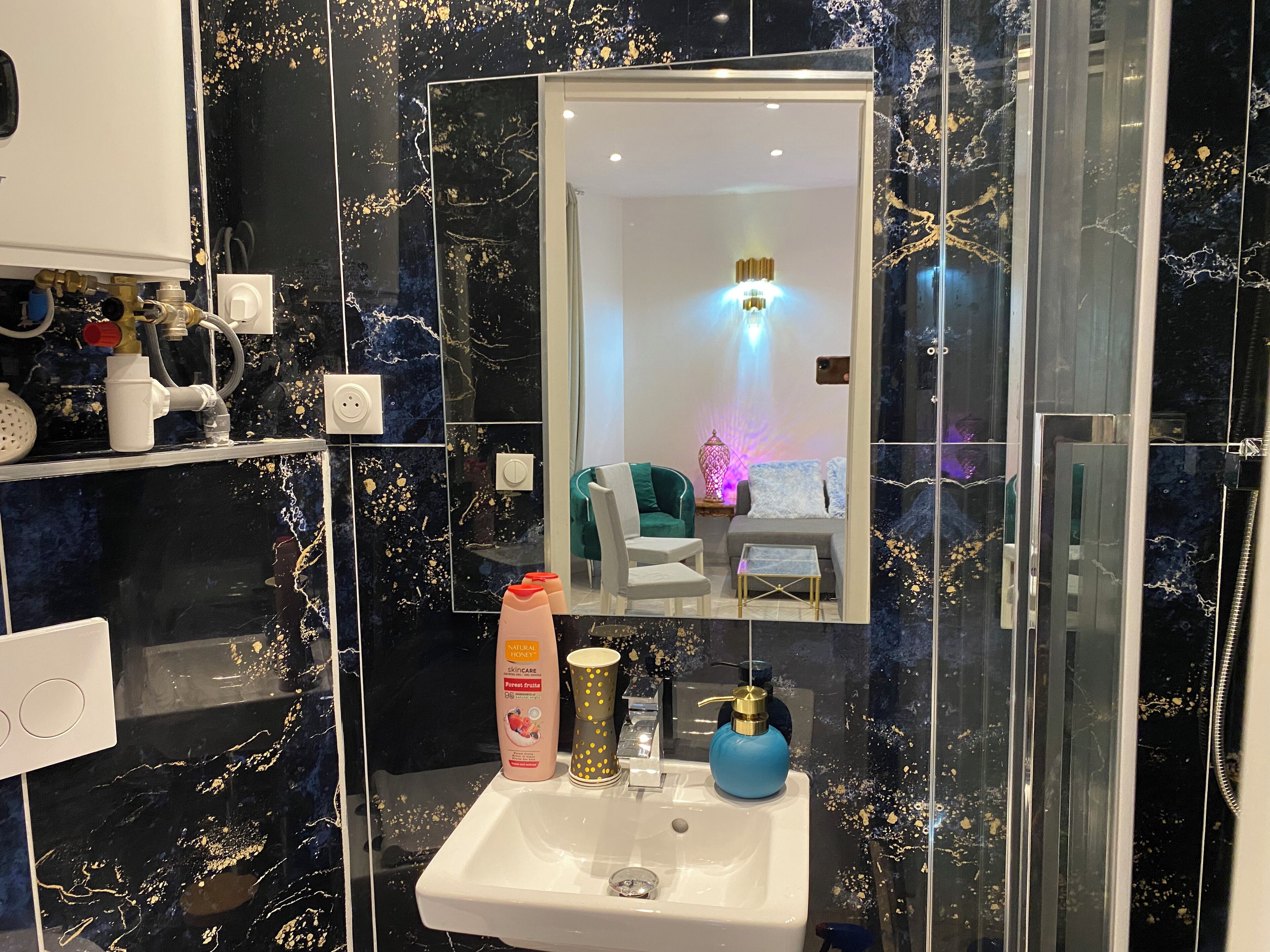Shower, towels, soap, toilet paper