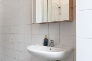 Ducha, secador de pelo, toallas y jabón