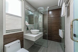 Hair dryer, slippers, towels, soap