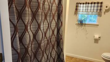 Hair dryer, towels, soap, shampoo