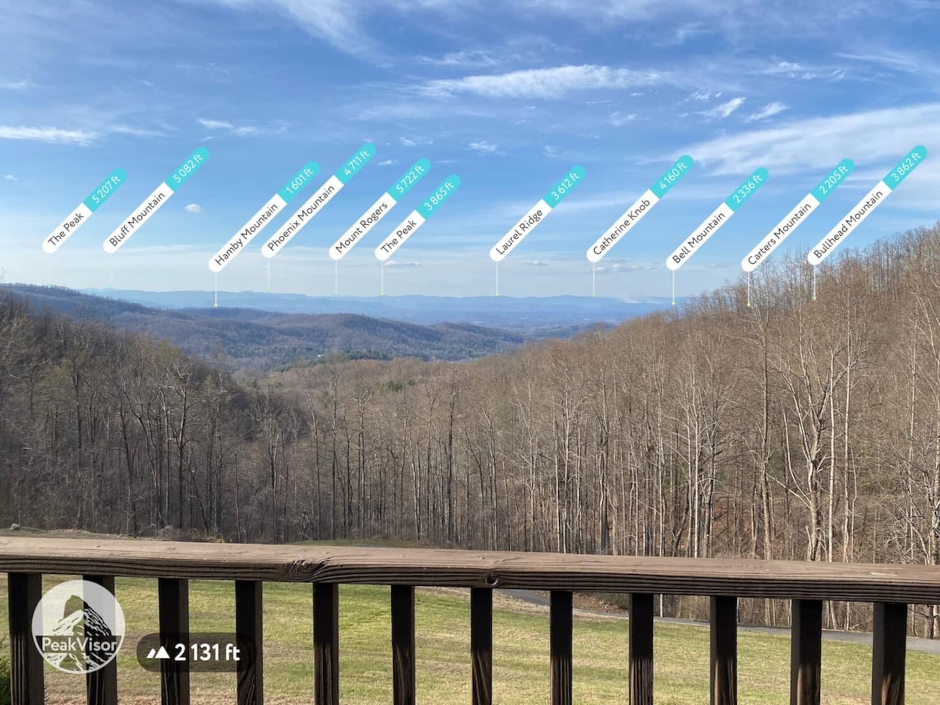 A scenic view from a wooden deck overlooking a forested valley with marked mountain peaks and their elevations.