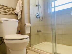Hair dryer, towels, soap, toilet paper